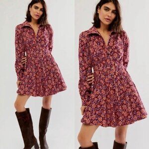NWT Free People Marvelous Mia Mini Dress 2 Berry Combo Plum Floral Corduroy